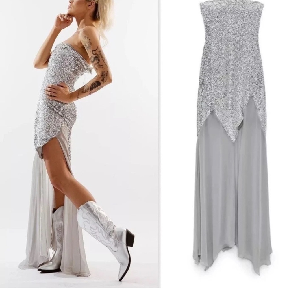 Zara x Barbie Silver Strapless Matte Sequin  Maxi Gown